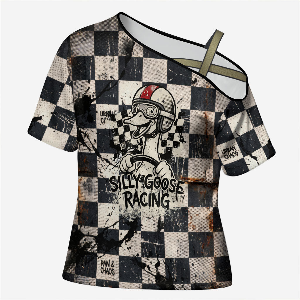 Silly Goose Racing Motorsport Cross Shoulder Shirt Vintage Distressed Checkered Flag - Cartoon Race Car