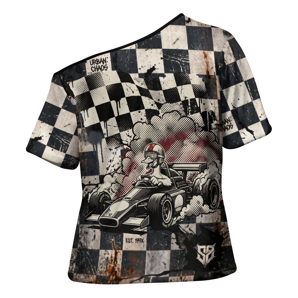 Silly Goose Racing Motorsport Cross Shoulder Shirt Vintage Distressed Checkered Flag - Cartoon Race Car