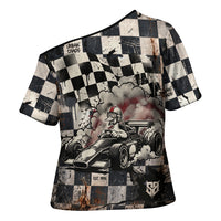 Silly Goose Racing Motorsport Cross Shoulder Shirt Vintage Distressed Checkered Flag - Cartoon Race Car