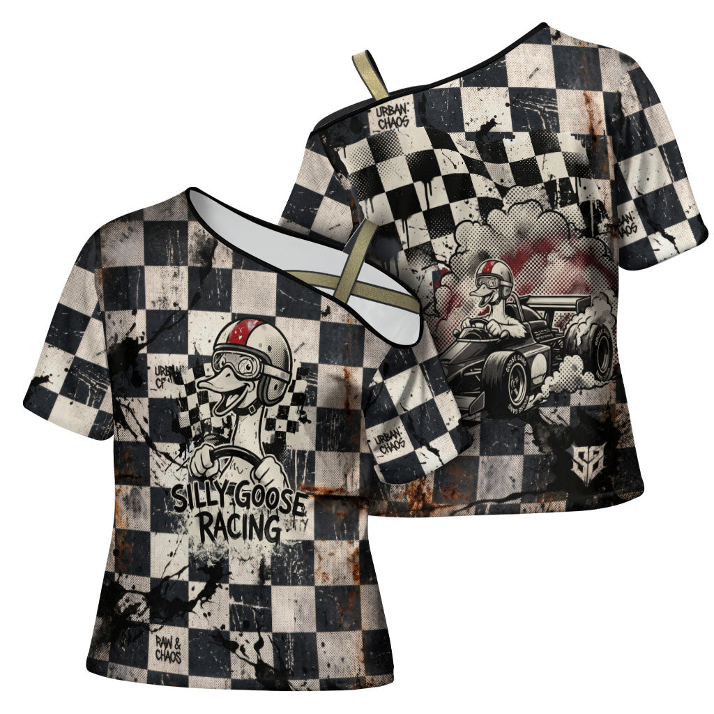 Silly Goose Racing Motorsport Cross Shoulder Shirt Vintage Distressed Checkered Flag - Cartoon Race Car