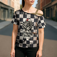 Silly Goose Racing Motorsport Cross Shoulder Shirt Vintage Distressed Checkered Flag - Cartoon Race Car
