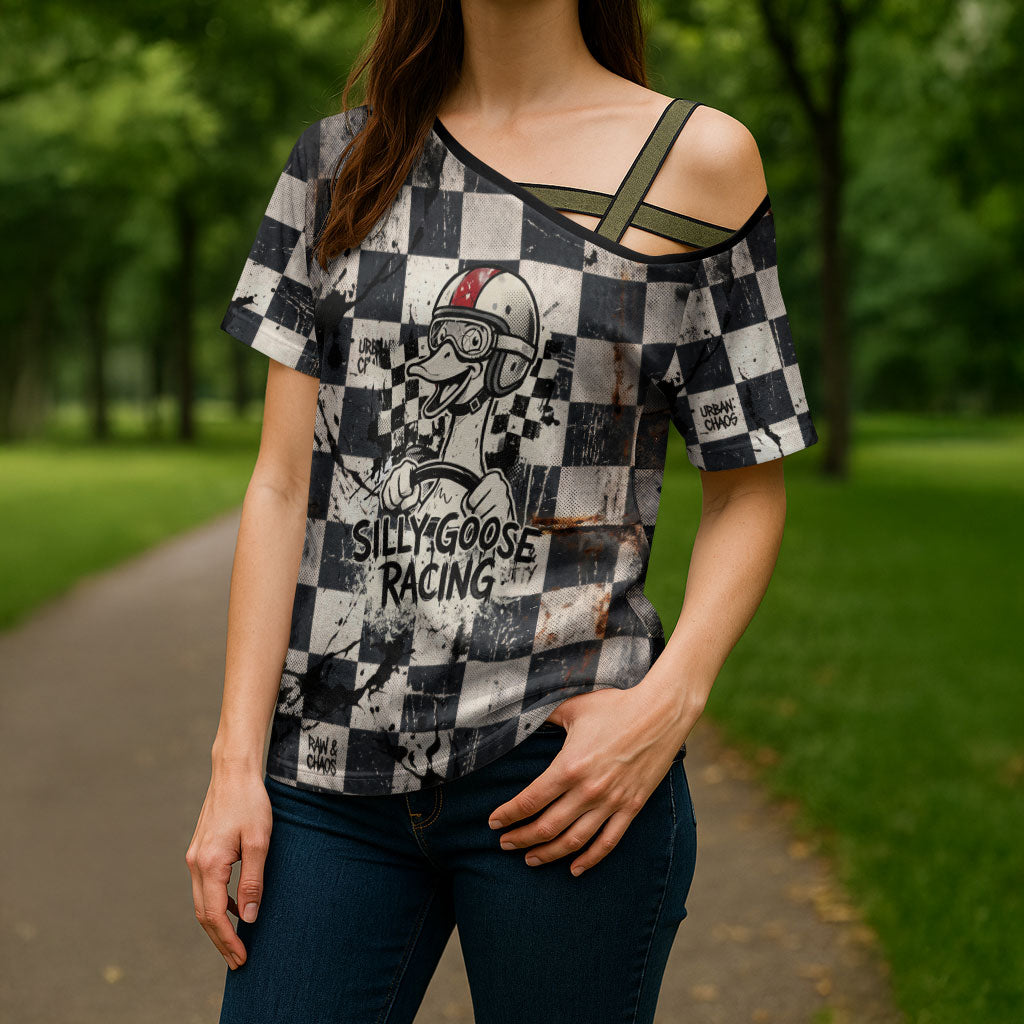 Silly Goose Racing Motorsport Cross Shoulder Shirt Vintage Distressed Checkered Flag - Cartoon Race Car