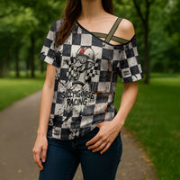 Silly Goose Racing Motorsport Cross Shoulder Shirt Vintage Distressed Checkered Flag - Cartoon Race Car