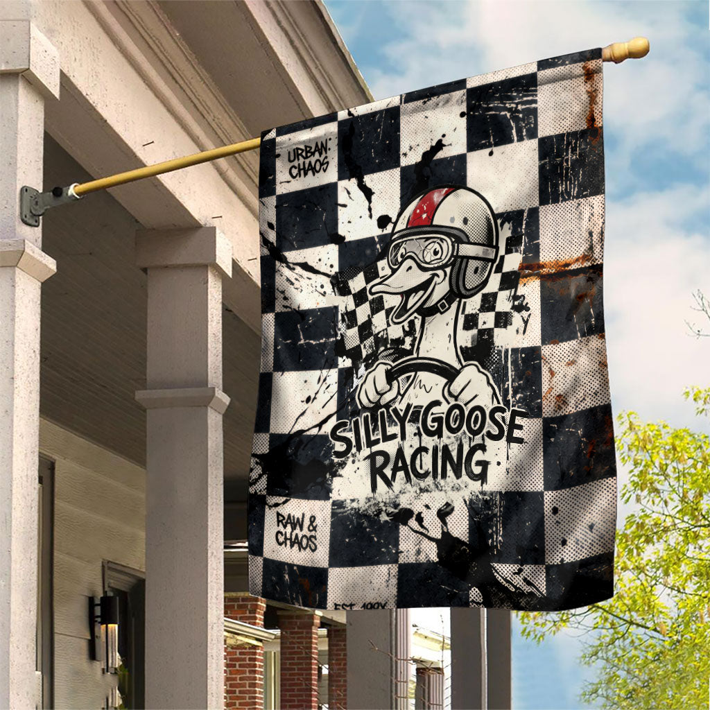 Silly Goose Racing Motorsport Garden Flag Vintage Distressed Checkered Flag - Cartoon Race Car