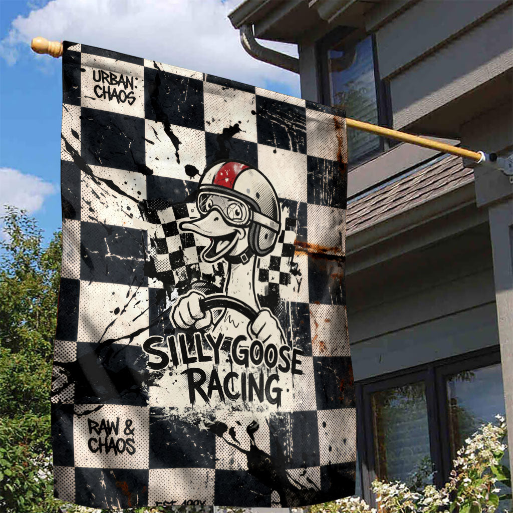 Silly Goose Racing Motorsport Garden Flag Vintage Distressed Checkered Flag - Cartoon Race Car
