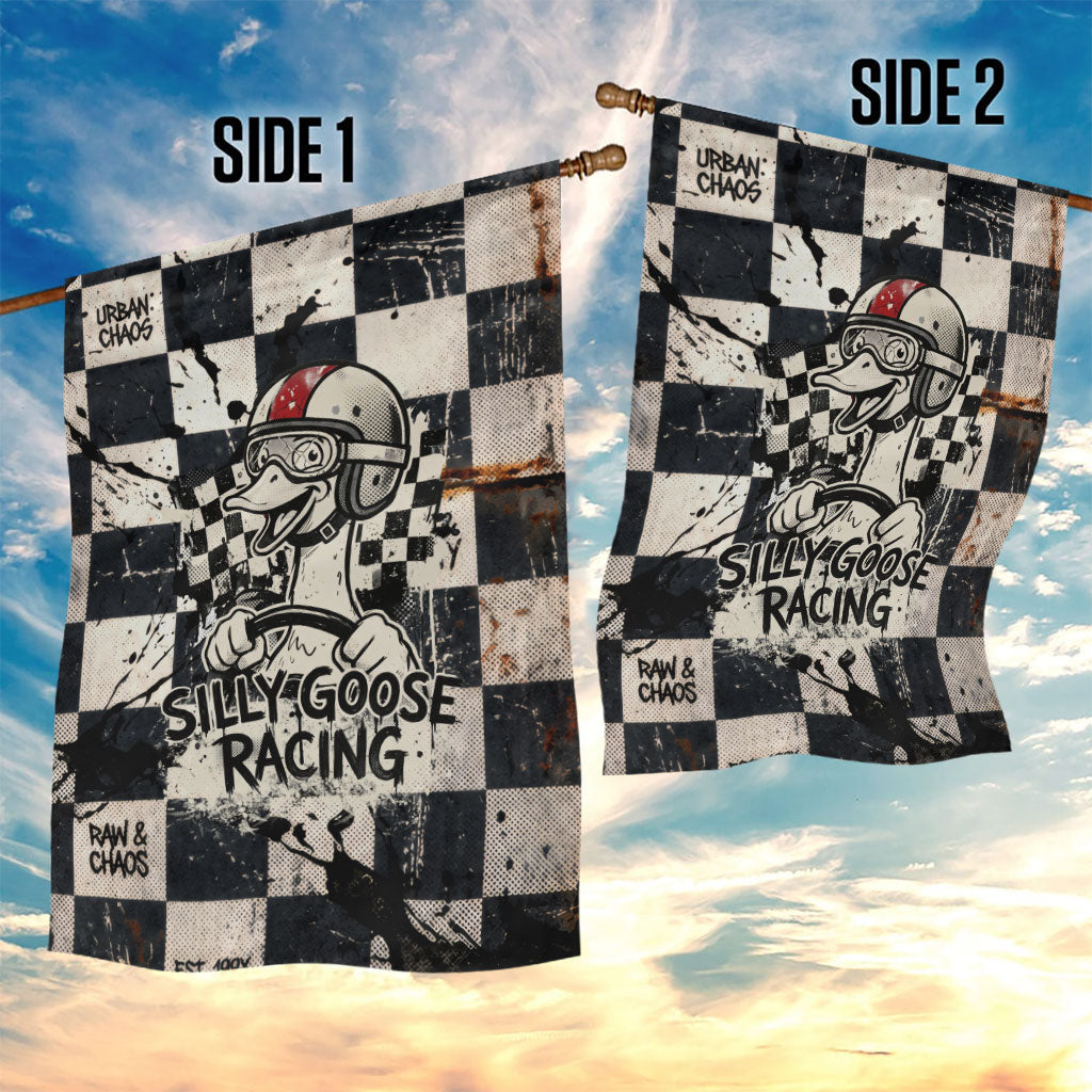Silly Goose Racing Motorsport Garden Flag Vintage Distressed Checkered Flag - Cartoon Race Car