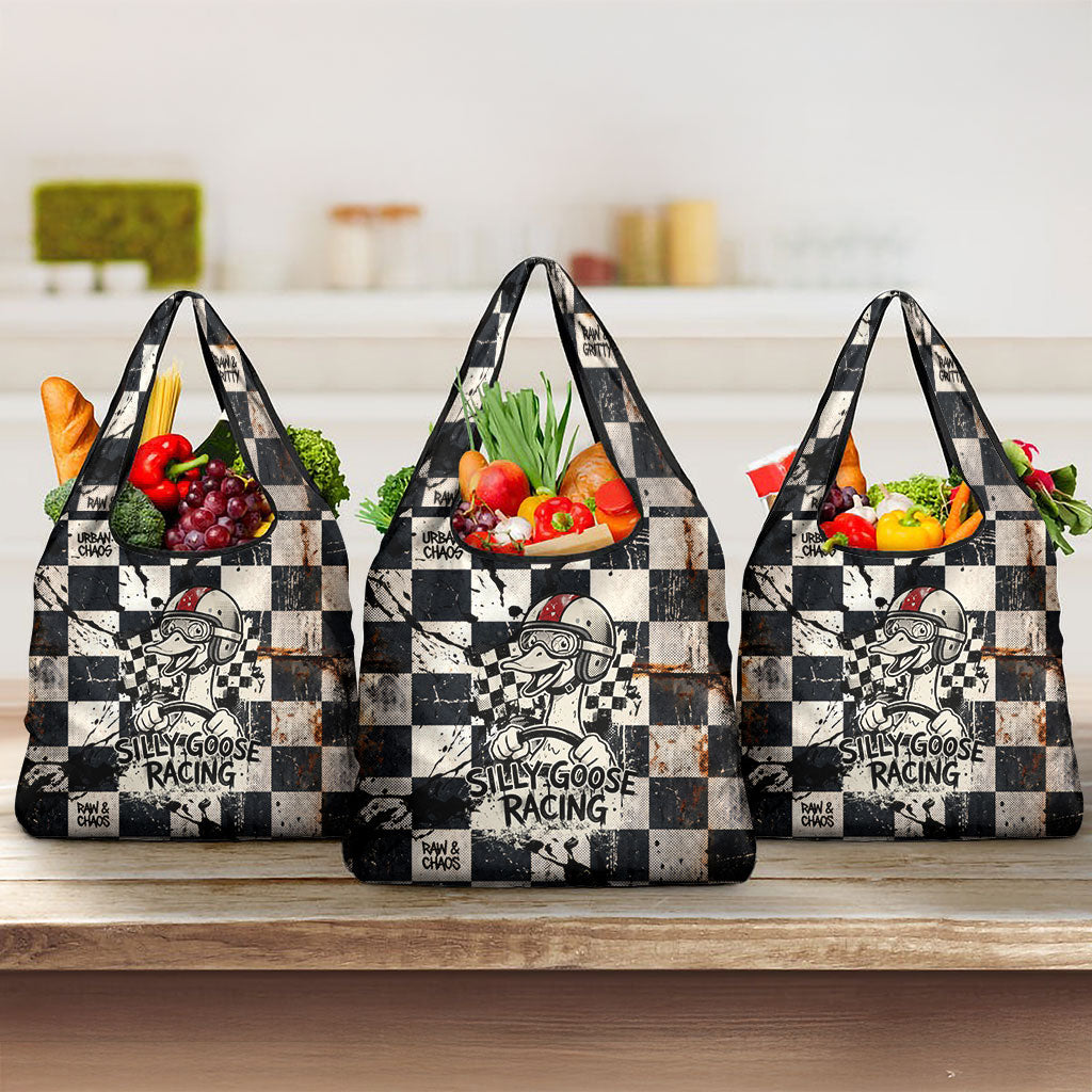 Silly Goose Racing Motorsport Grocery Bag Vintage Distressed Checkered Flag - Cartoon Race Car