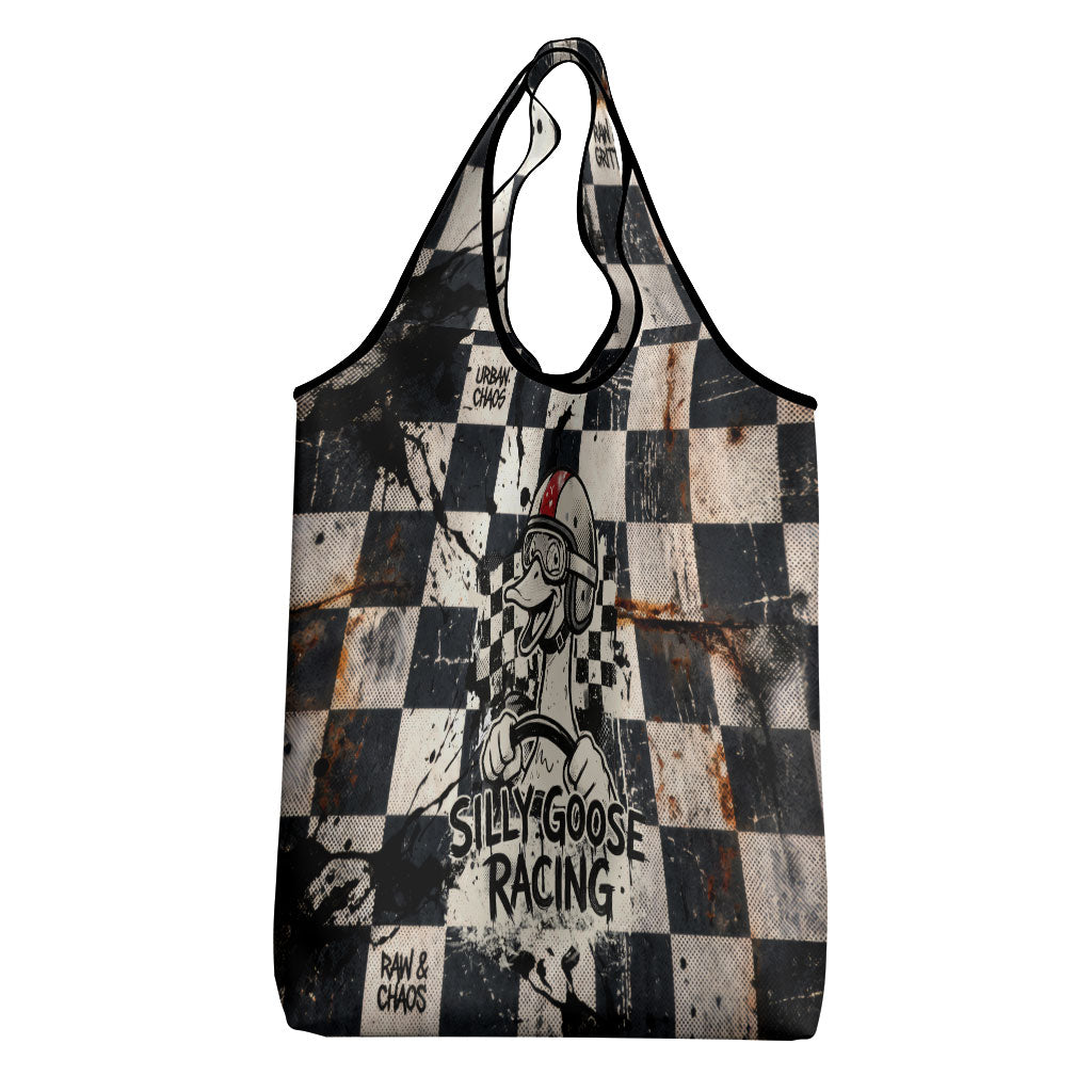 Silly Goose Racing Motorsport Grocery Bag Vintage Distressed Checkered Flag - Cartoon Race Car