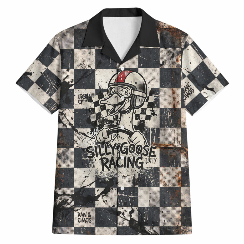 Silly Goose Racing Motorsport Hawaiian Shirt Vintage Distressed Checkered Flag - Cartoon Race Car