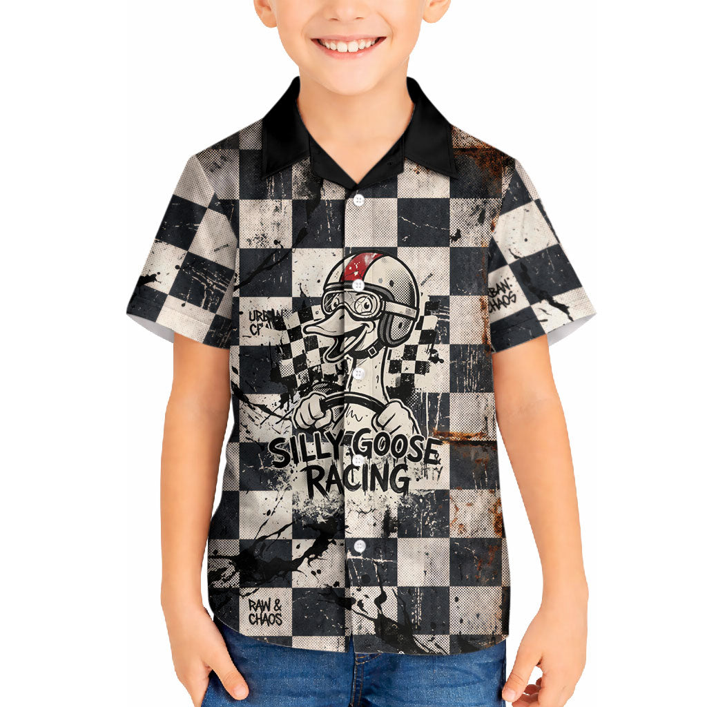Silly Goose Racing Motorsport Hawaiian Shirt Vintage Distressed Checkered Flag - Cartoon Race Car