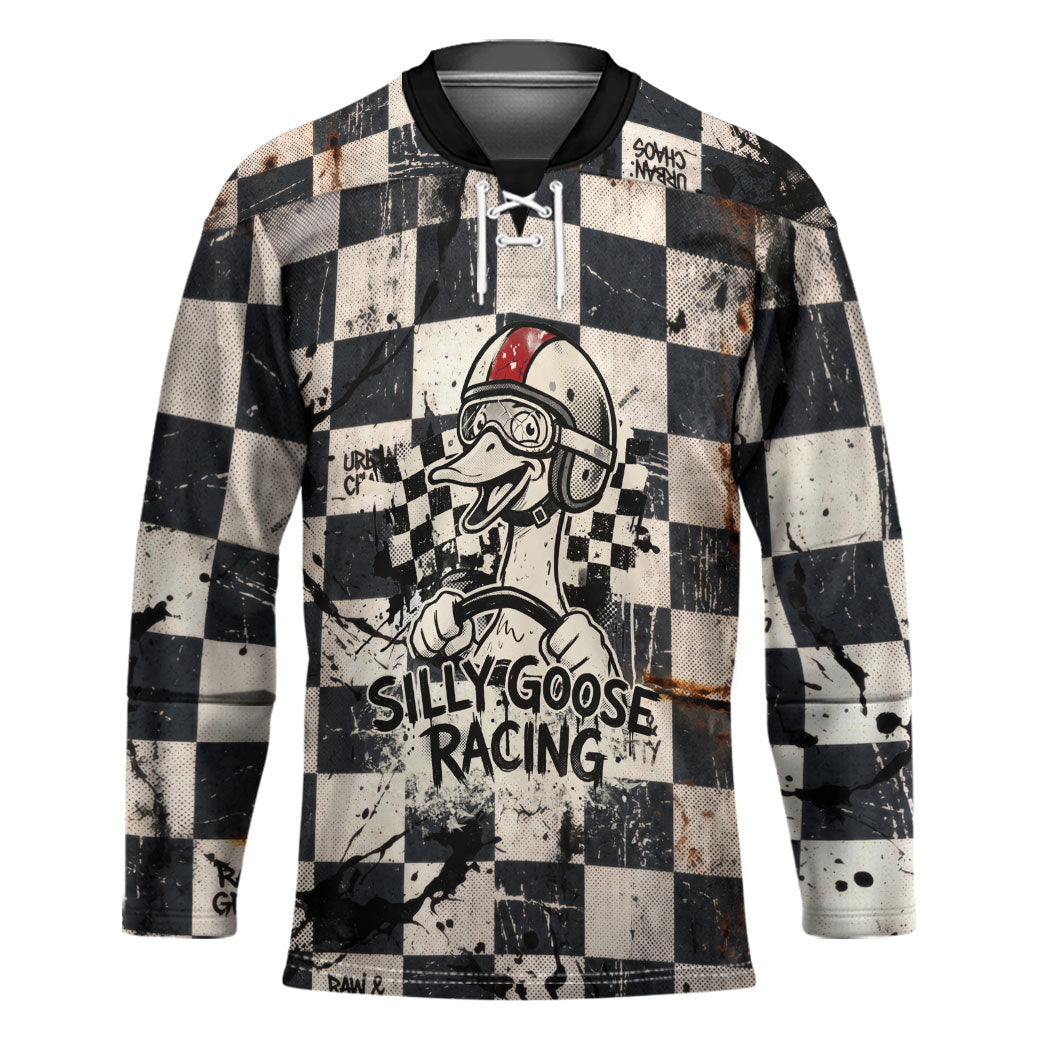 Silly Goose Racing Motorsport Hockey Jersey Vintage Distressed Checkered Flag - Cartoon Race Car