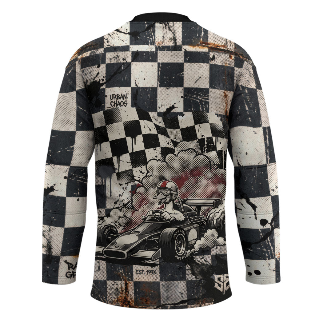 Silly Goose Racing Motorsport Hockey Jersey Vintage Distressed Checkered Flag - Cartoon Race Car