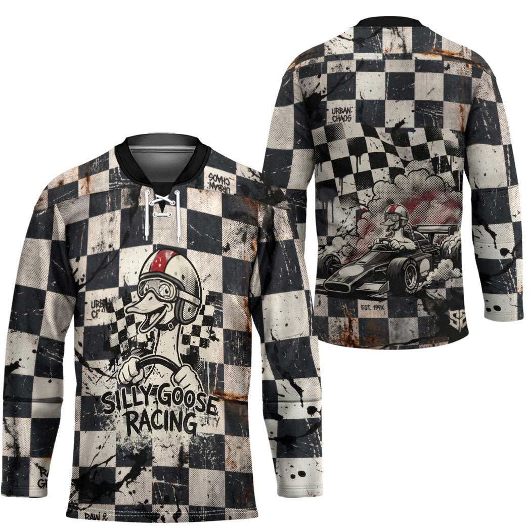 Silly Goose Racing Motorsport Hockey Jersey Vintage Distressed Checkered Flag - Cartoon Race Car
