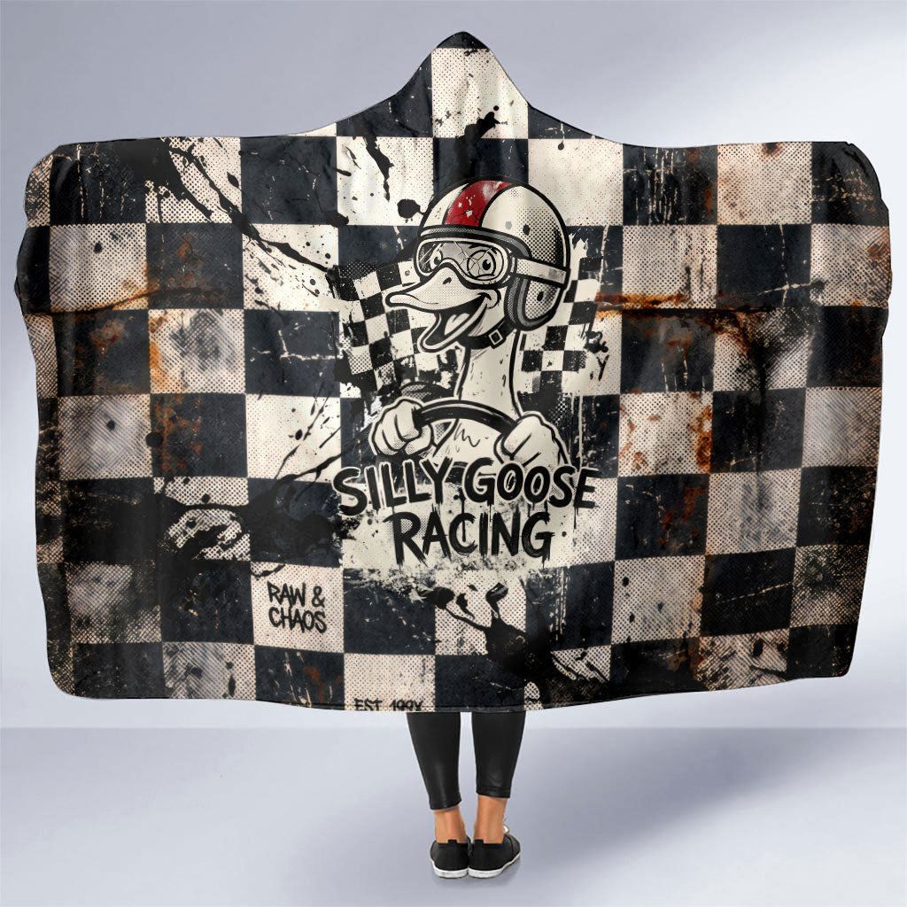 Silly Goose Racing Motorsport Hooded Blanket Vintage Distressed Checkered Flag - Cartoon Race Car