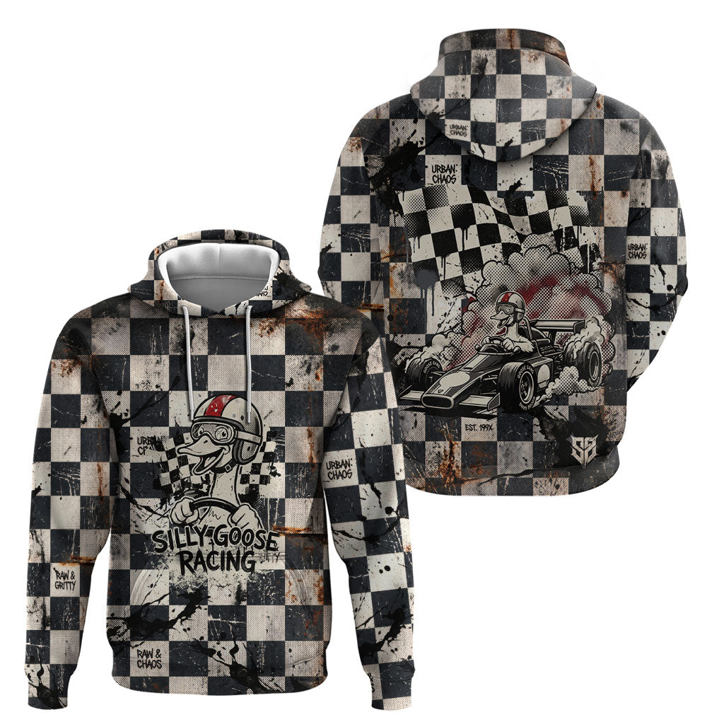 Silly Goose Racing Motorsport Hoodie Vintage Distressed Checkered Flag - Cartoon Race Car