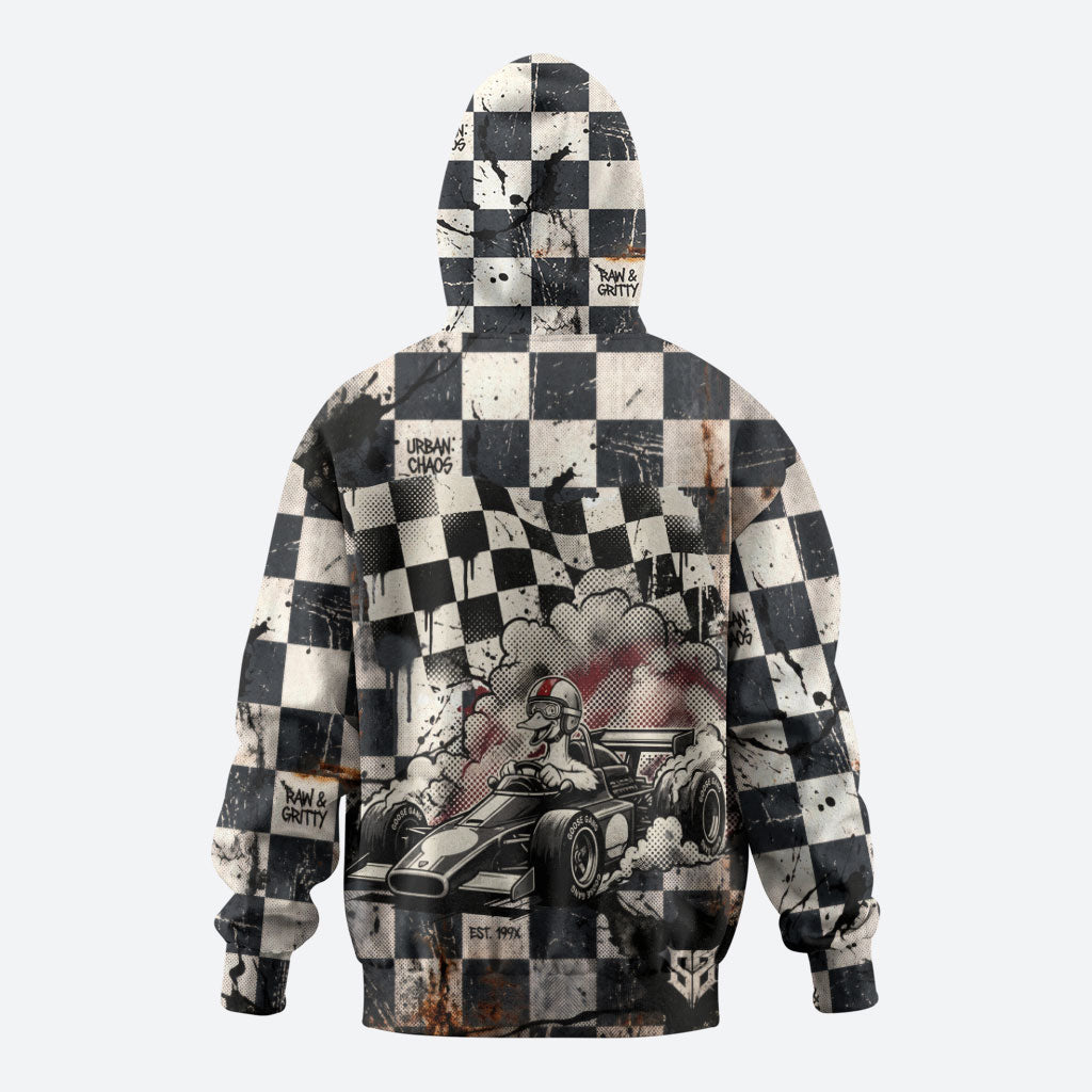 Silly Goose Racing Motorsport Hoodie Vintage Distressed Checkered Flag - Cartoon Race Car