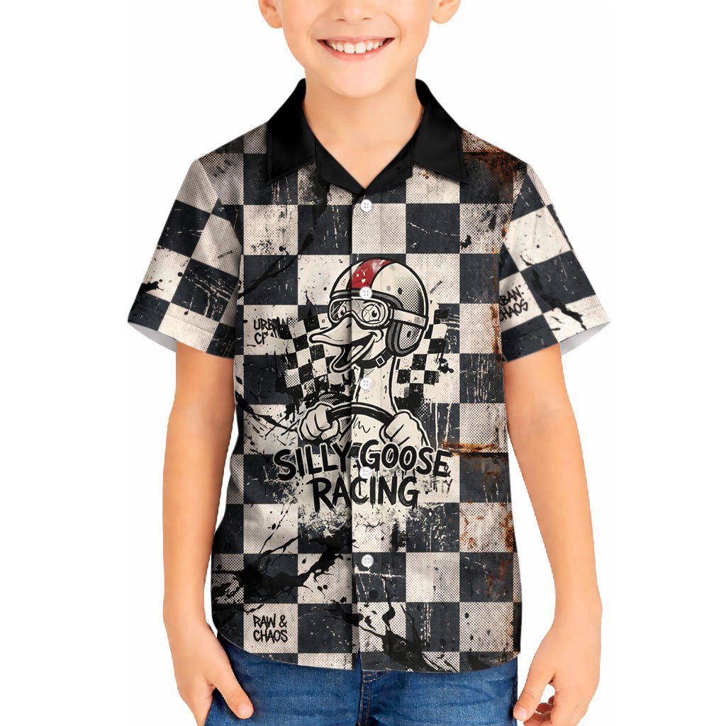 Silly Goose Racing Motorsport Kid Hawaiian Shirt Vintage Distressed Checkered Flag - Cartoon Race Car
