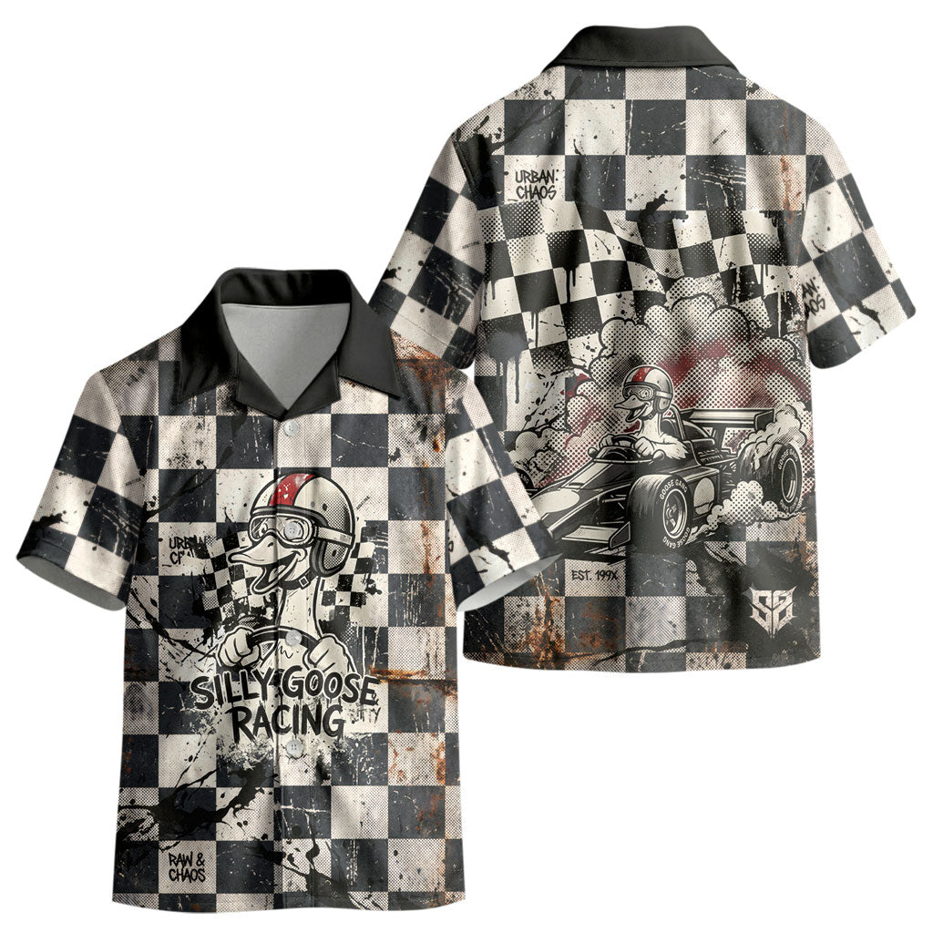 Silly Goose Racing Motorsport Kid Hawaiian Shirt Vintage Distressed Checkered Flag - Cartoon Race Car
