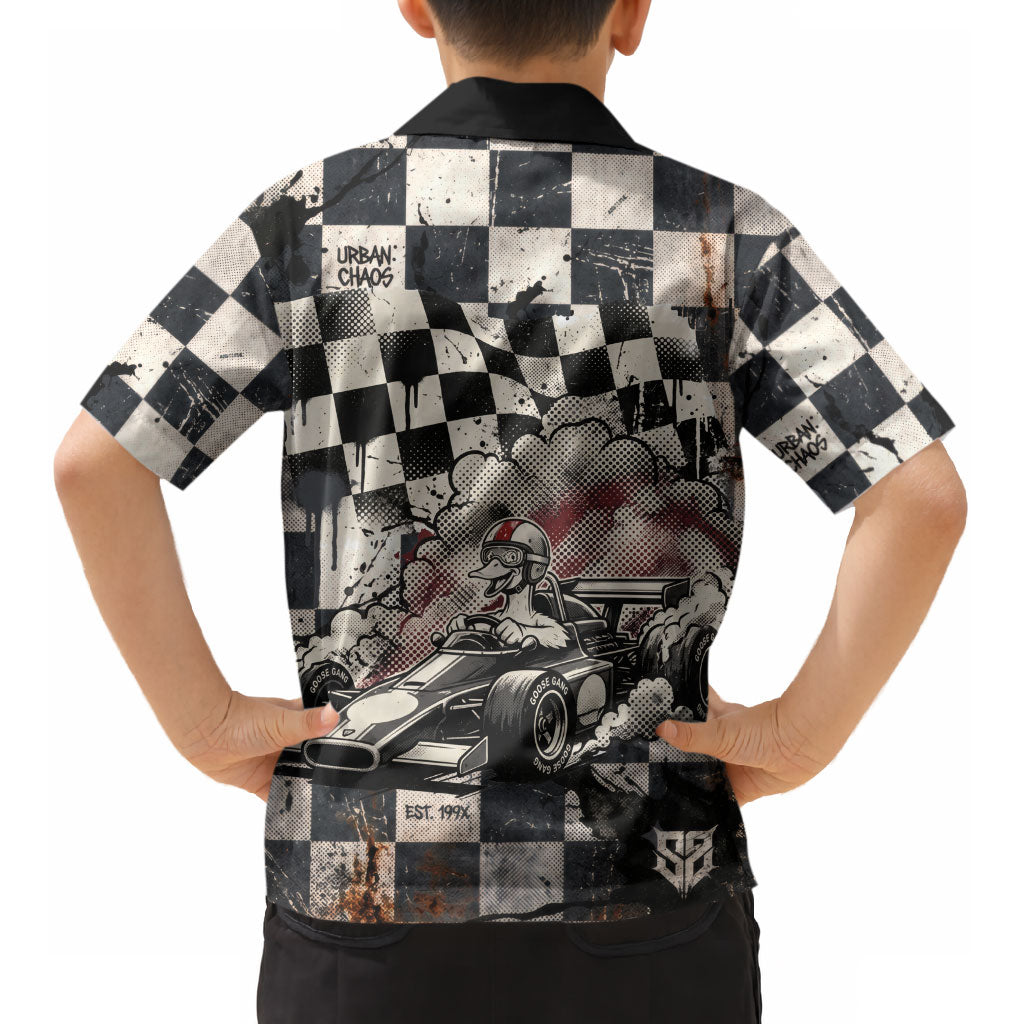 Silly Goose Racing Motorsport Kid Hawaiian Shirt Vintage Distressed Checkered Flag - Cartoon Race Car