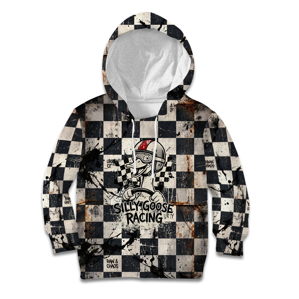 Silly Goose Racing Motorsport Kid Hoodie Vintage Distressed Checkered Flag - Cartoon Race Car