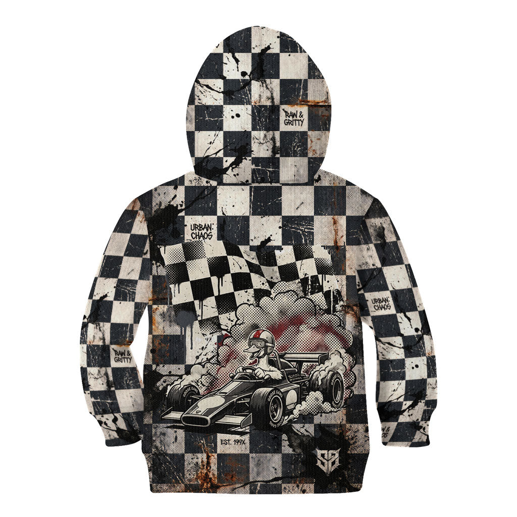 Silly Goose Racing Motorsport Kid Hoodie Vintage Distressed Checkered Flag - Cartoon Race Car