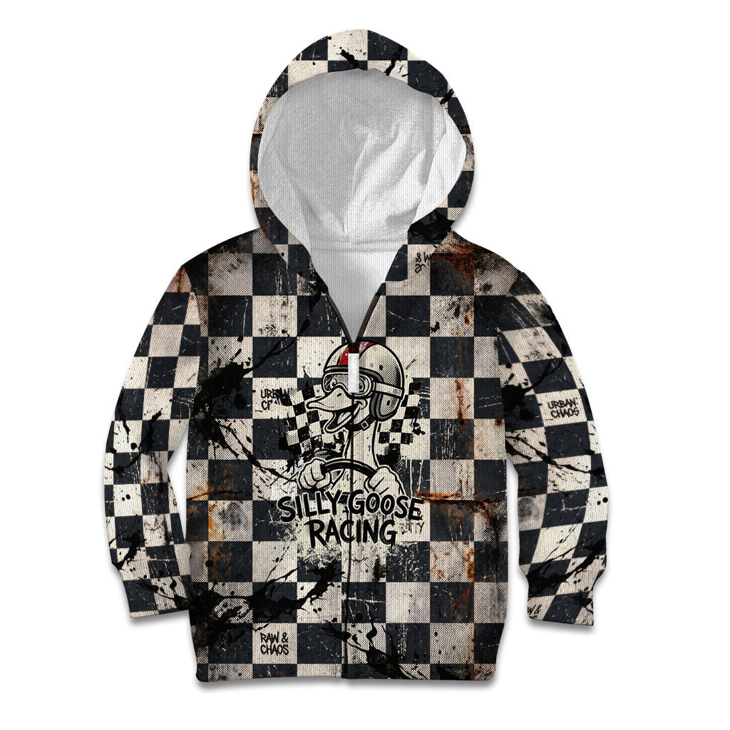 Silly Goose Racing Motorsport Kid Hoodie Vintage Distressed Checkered Flag - Cartoon Race Car