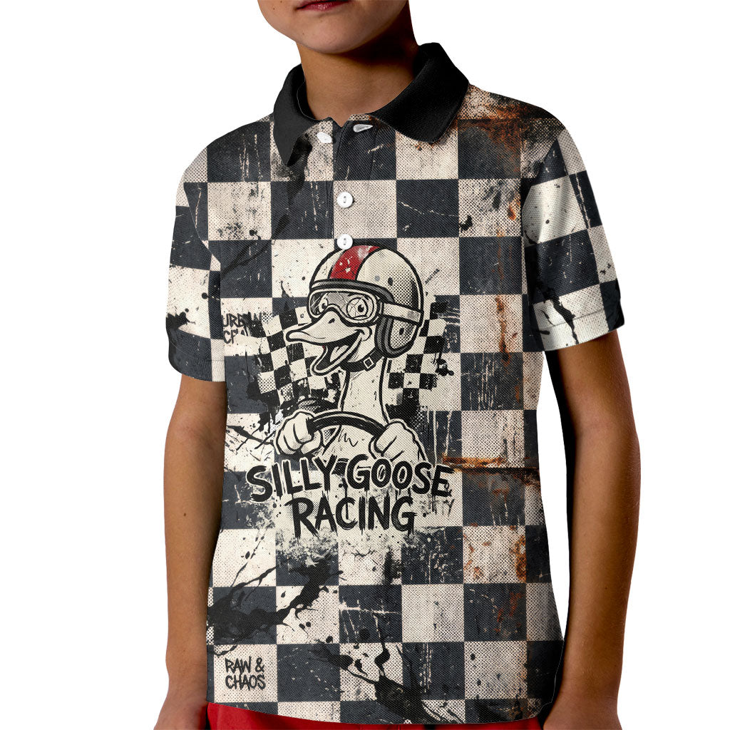 Silly Goose Racing Motorsport Kid Polo Shirt Vintage Distressed Checkered Flag - Cartoon Race Car