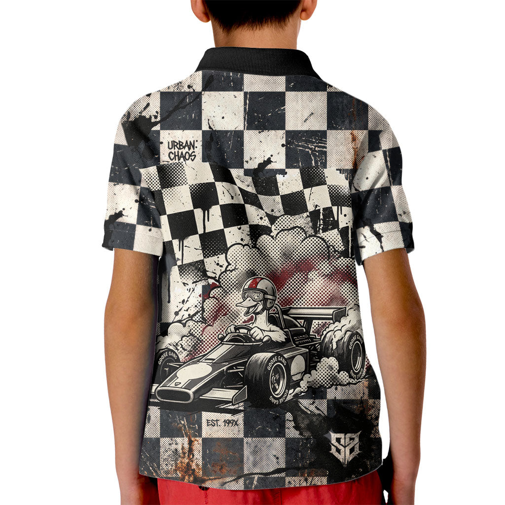 Silly Goose Racing Motorsport Kid Polo Shirt Vintage Distressed Checkered Flag - Cartoon Race Car