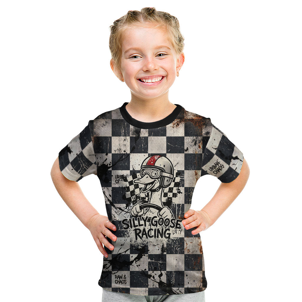 Silly Goose Racing Motorsport Kid T Shirt Vintage Distressed Checkered Flag - Cartoon Race Car