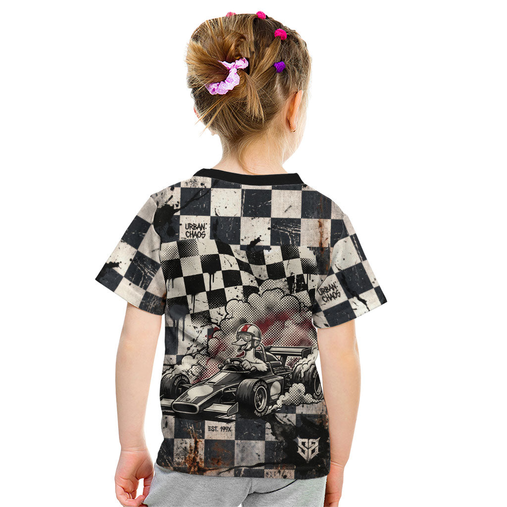 Silly Goose Racing Motorsport Kid T Shirt Vintage Distressed Checkered Flag - Cartoon Race Car