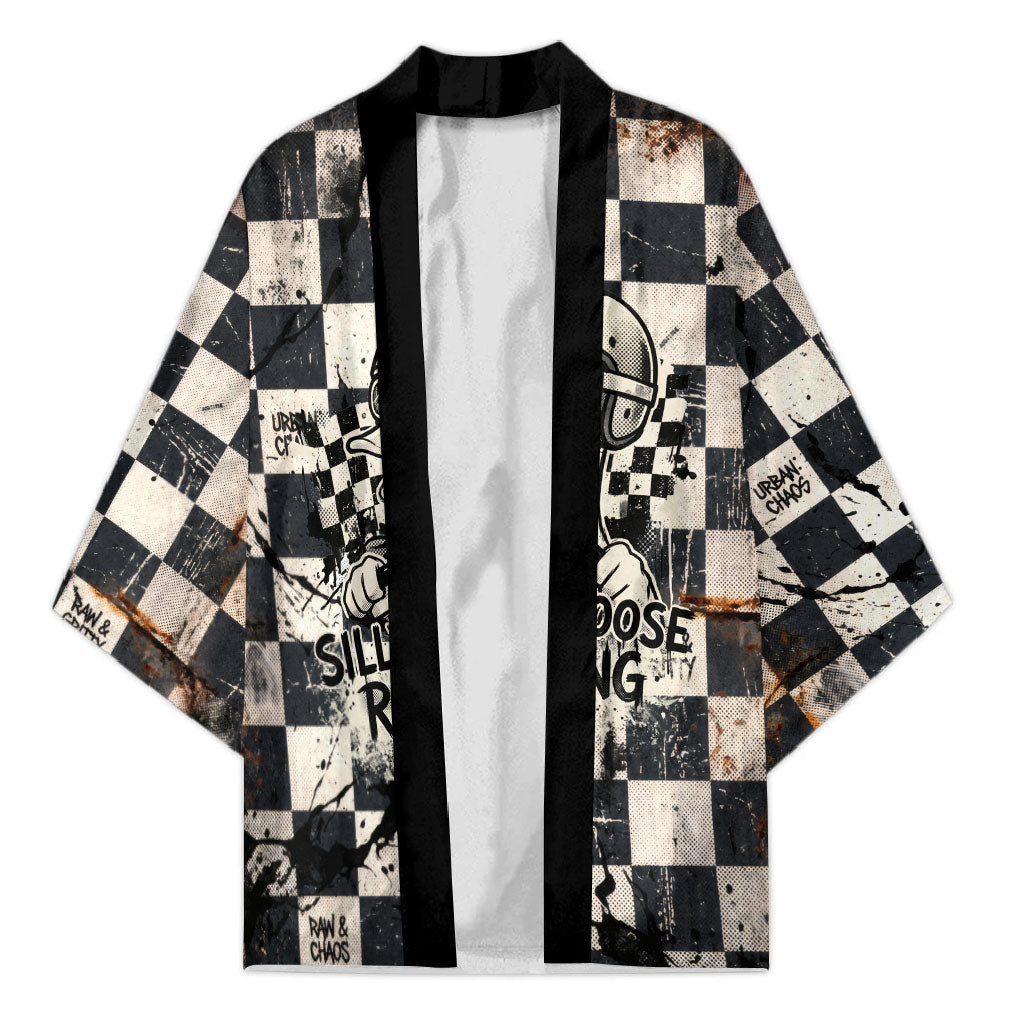 Silly Goose Racing Motorsport Kimono Vintage Distressed Checkered Flag - Cartoon Race Car