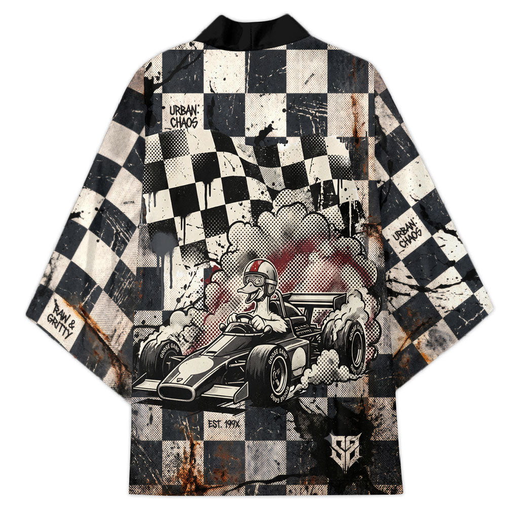 Silly Goose Racing Motorsport Kimono Vintage Distressed Checkered Flag - Cartoon Race Car