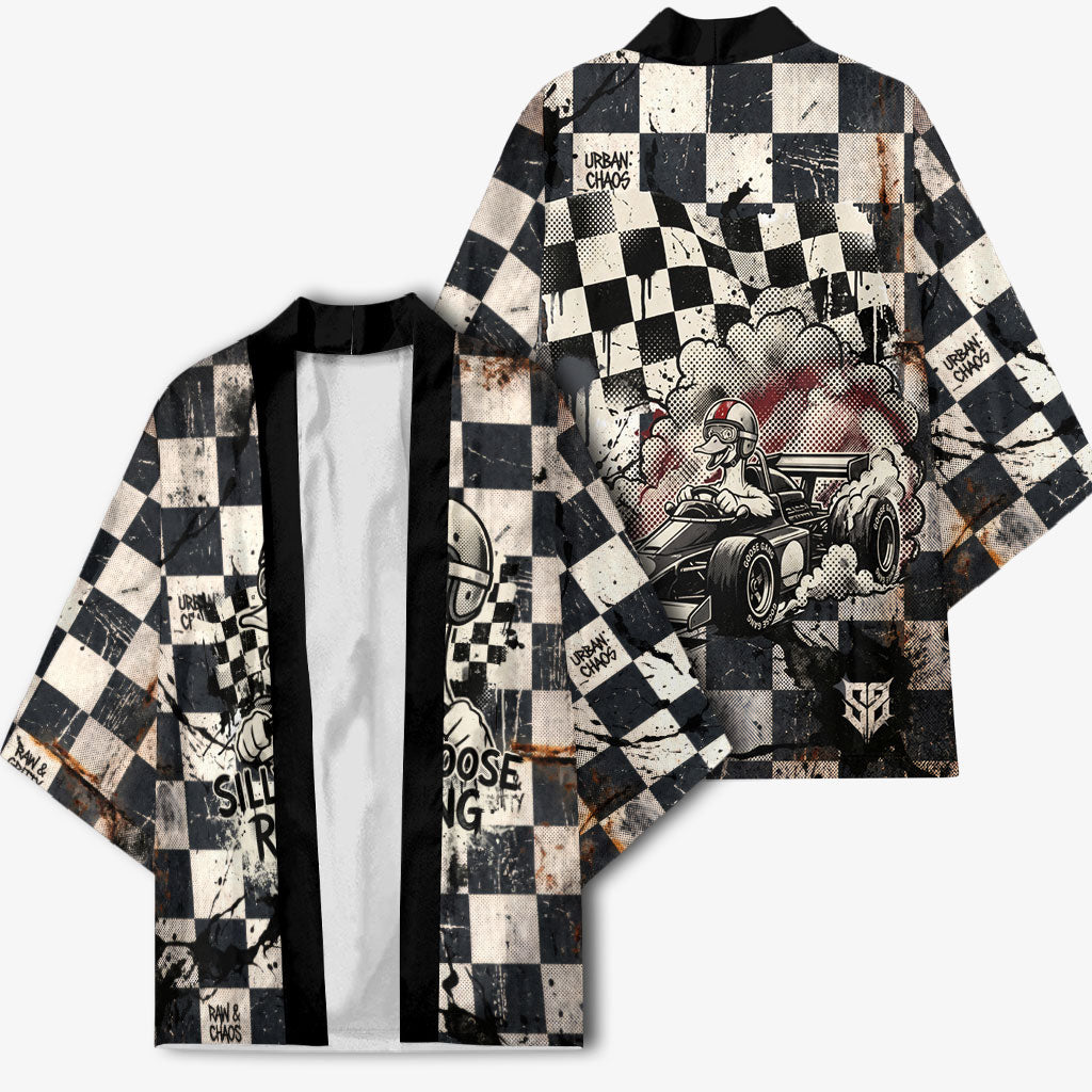 Silly Goose Racing Motorsport Kimono Vintage Distressed Checkered Flag - Cartoon Race Car