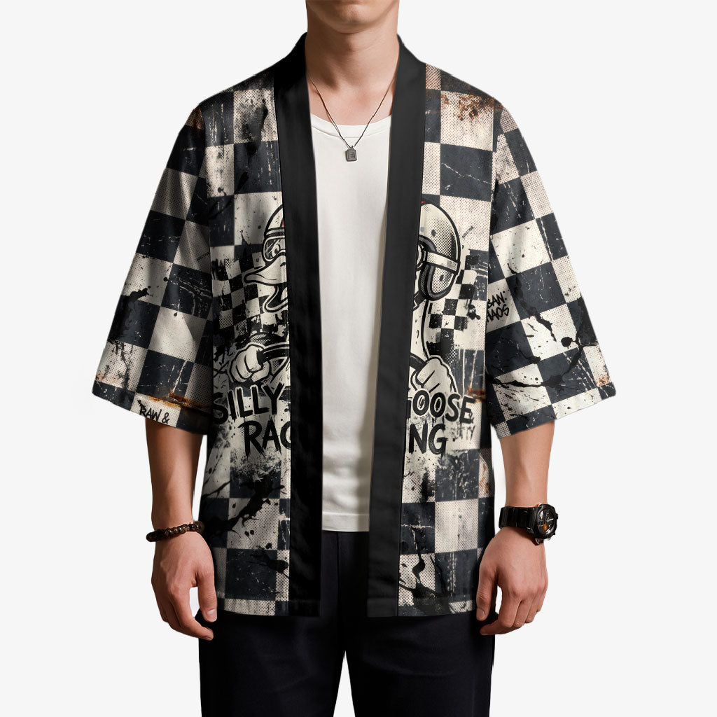 Silly Goose Racing Motorsport Kimono Vintage Distressed Checkered Flag - Cartoon Race Car