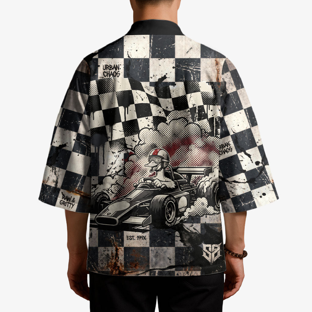 Silly Goose Racing Motorsport Kimono Vintage Distressed Checkered Flag - Cartoon Race Car
