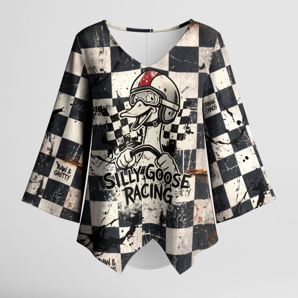 Silly Goose Racing Motorsport Kimono Sleeve Blouse Vintage Distressed Checkered Flag - Cartoon Race Car