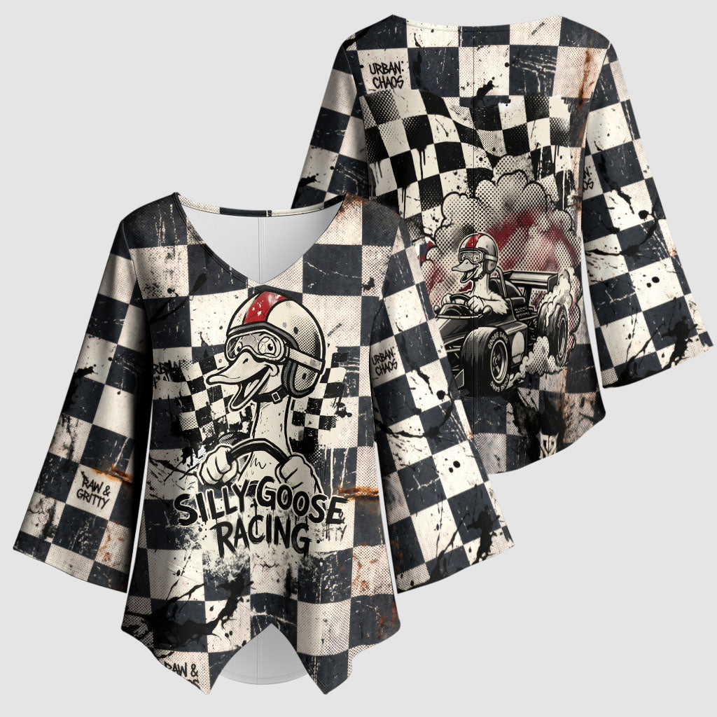 Silly Goose Racing Motorsport Kimono Sleeve Blouse Vintage Distressed Checkered Flag - Cartoon Race Car