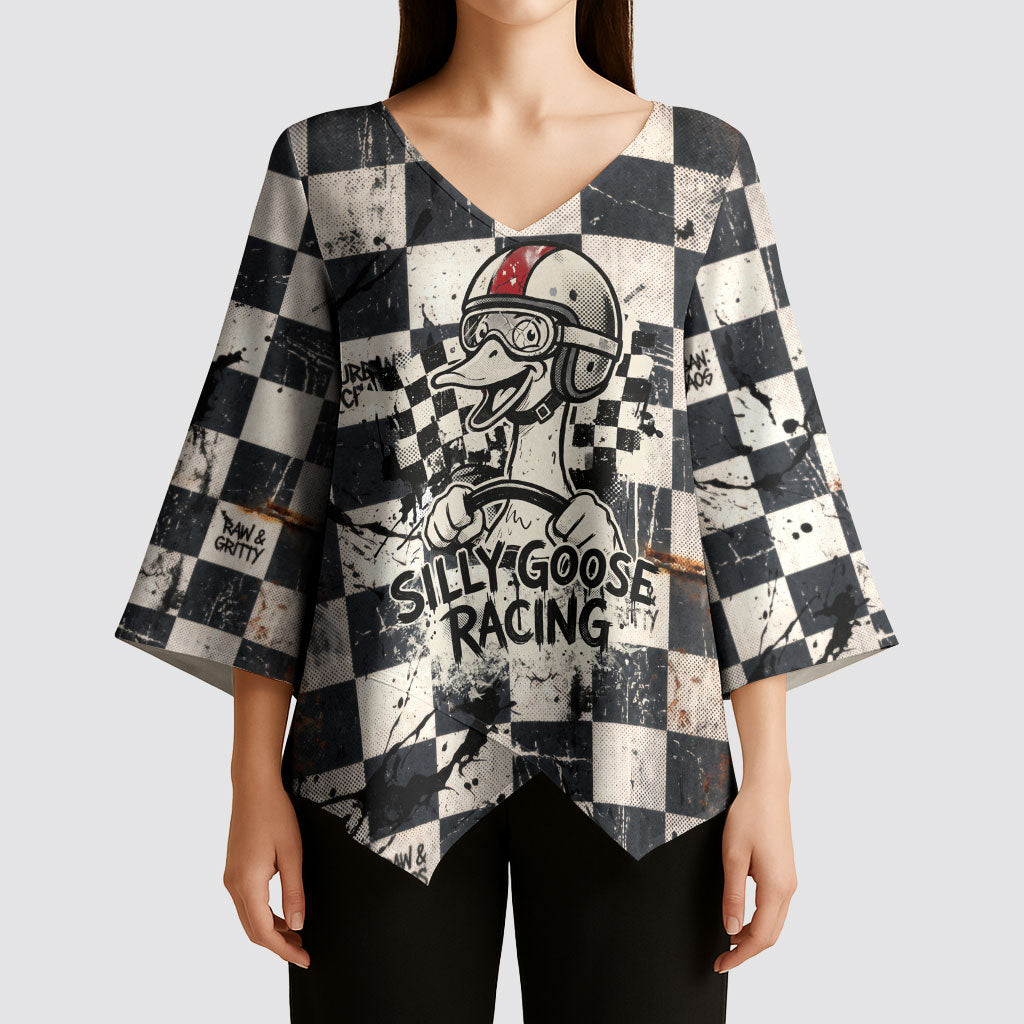 Silly Goose Racing Motorsport Kimono Sleeve Blouse Vintage Distressed Checkered Flag - Cartoon Race Car