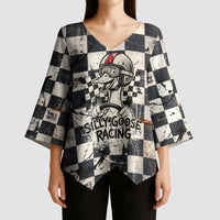 Silly Goose Racing Motorsport Kimono Sleeve Blouse Vintage Distressed Checkered Flag - Cartoon Race Car