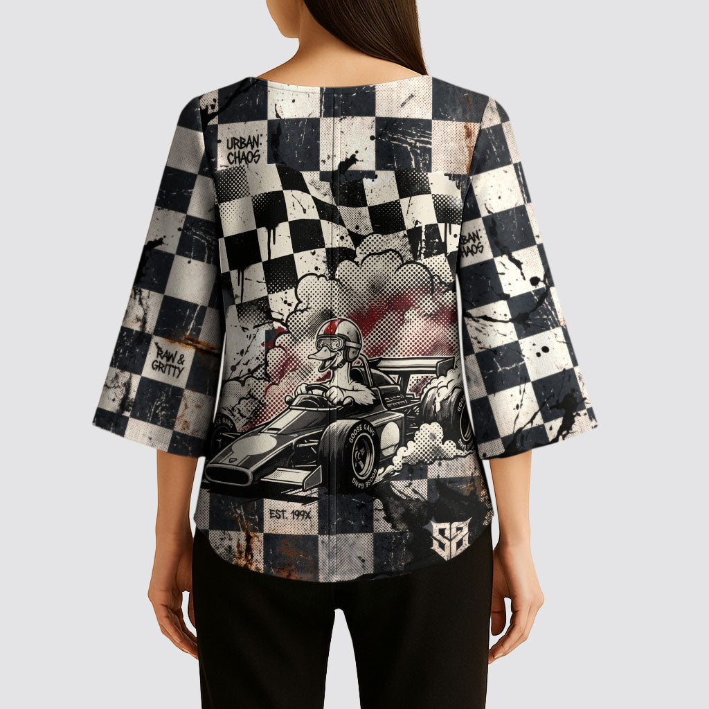 Silly Goose Racing Motorsport Kimono Sleeve Blouse Vintage Distressed Checkered Flag - Cartoon Race Car