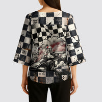 Silly Goose Racing Motorsport Kimono Sleeve Blouse Vintage Distressed Checkered Flag - Cartoon Race Car