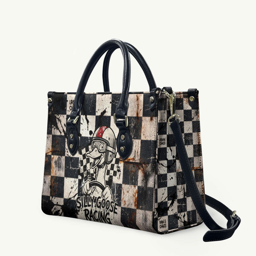 Silly Goose Racing Motorsport Leather Bag Vintage Distressed Checkered Flag - Cartoon Race Car