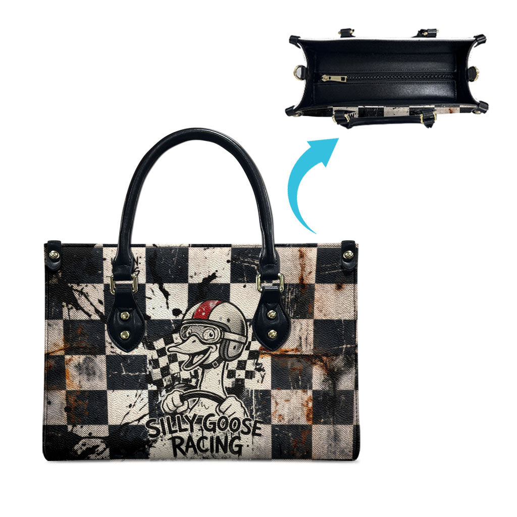 Silly Goose Racing Motorsport Leather Bag Vintage Distressed Checkered Flag - Cartoon Race Car