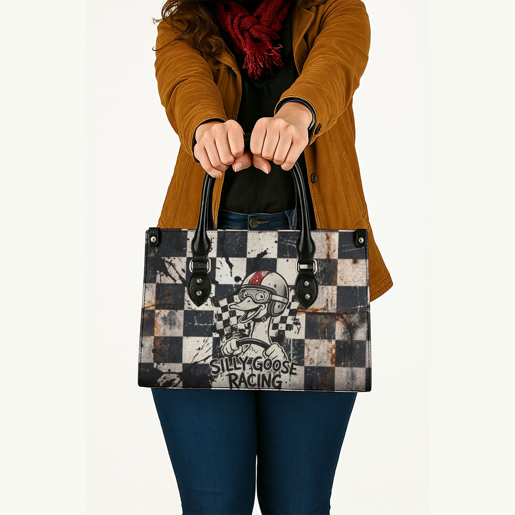 Silly Goose Racing Motorsport Leather Bag Vintage Distressed Checkered Flag - Cartoon Race Car