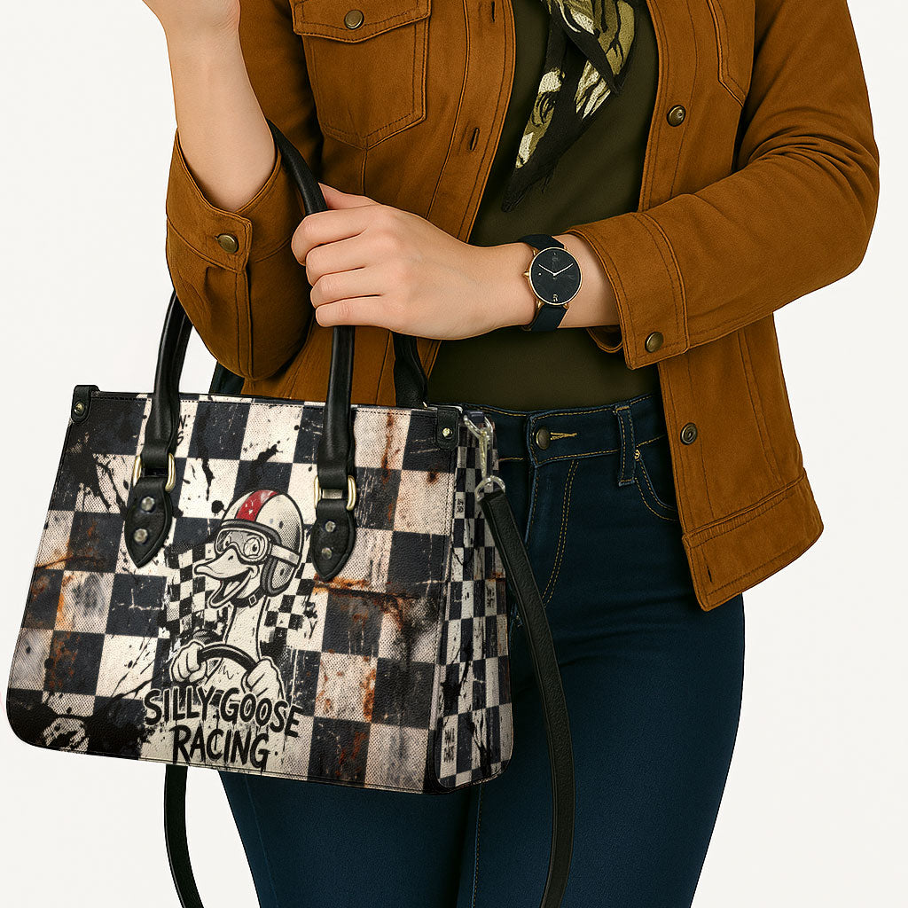 Silly Goose Racing Motorsport Leather Bag Vintage Distressed Checkered Flag - Cartoon Race Car