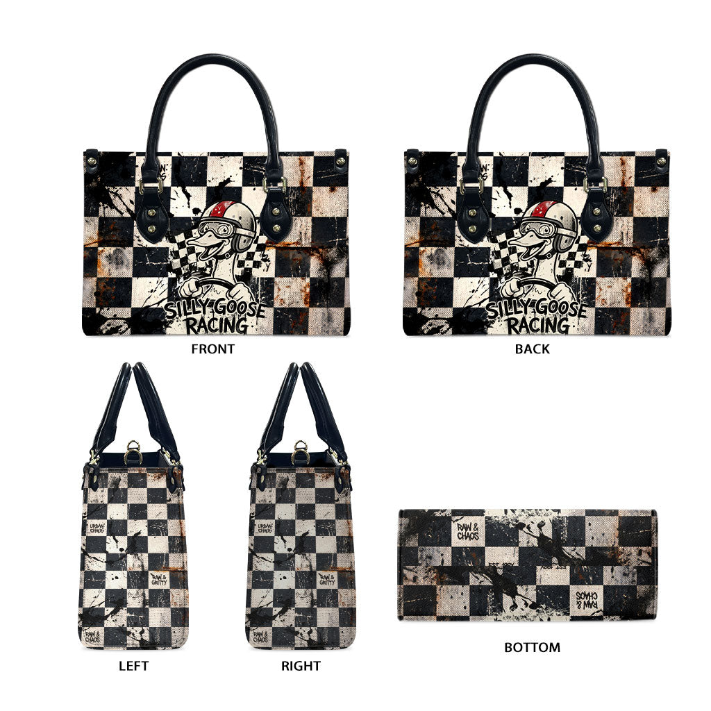 Silly Goose Racing Motorsport Leather Bag Vintage Distressed Checkered Flag - Cartoon Race Car