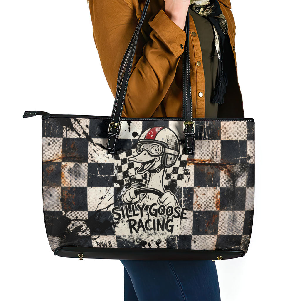 Silly Goose Racing Motorsport Leather Tote Bag Vintage Distressed Checkered Flag - Cartoon Race Car