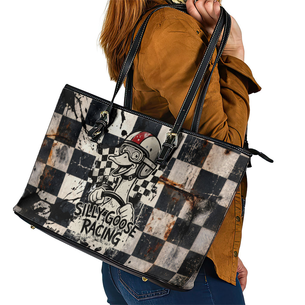Silly Goose Racing Motorsport Leather Tote Bag Vintage Distressed Checkered Flag - Cartoon Race Car