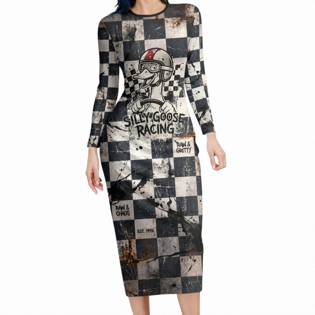 Silly Goose Racing Motorsport Long Sleeve Bodycon Dress Vintage Distressed Checkered Flag - Cartoon Race Car