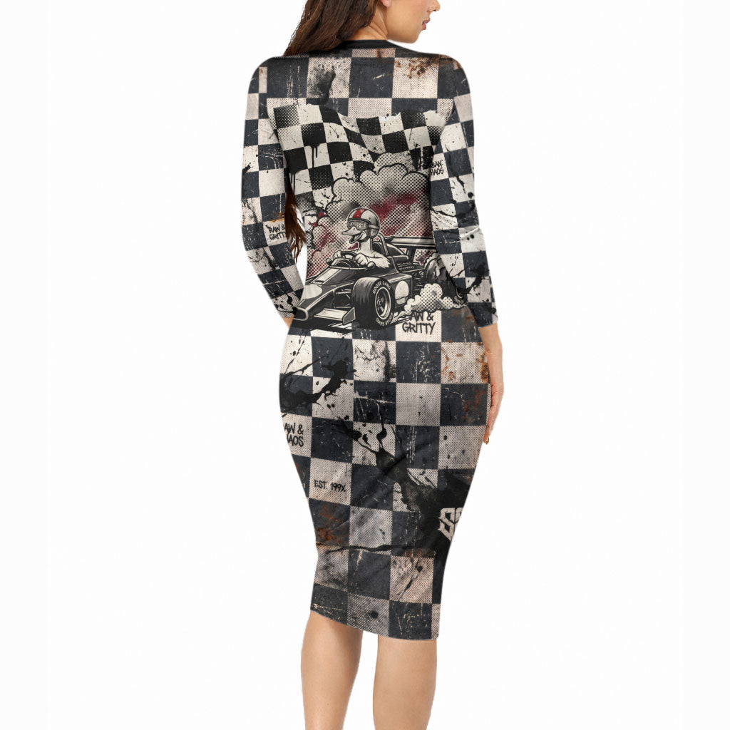 Silly Goose Racing Motorsport Long Sleeve Bodycon Dress Vintage Distressed Checkered Flag - Cartoon Race Car